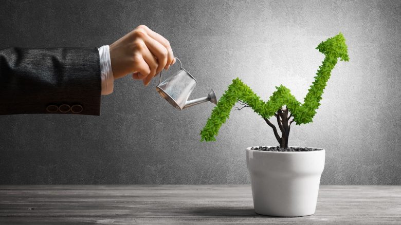 A person waters a potted plant shaped like an upward arrow with a watering can, symbolizing growth and success, set against a gray background.